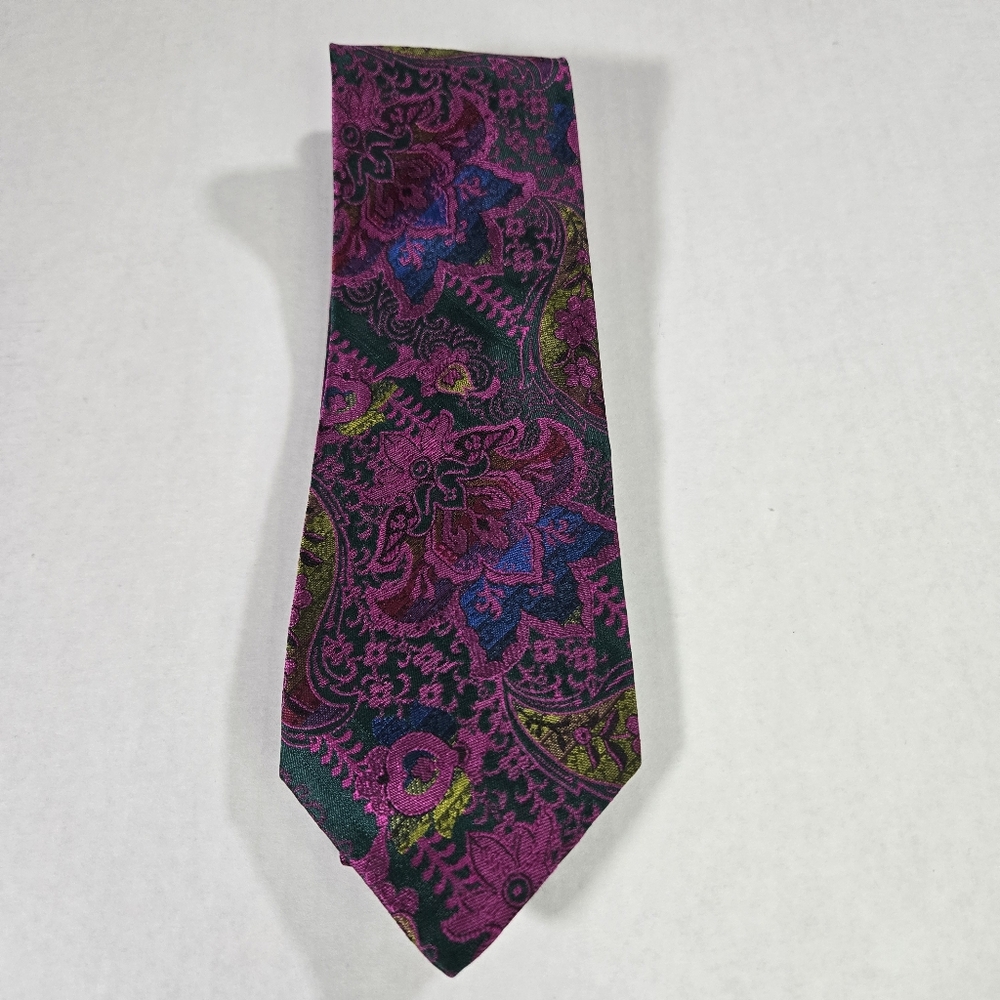Gianni Versace Mens Silk Necktie Italy Luxury Paisley Green Magenta